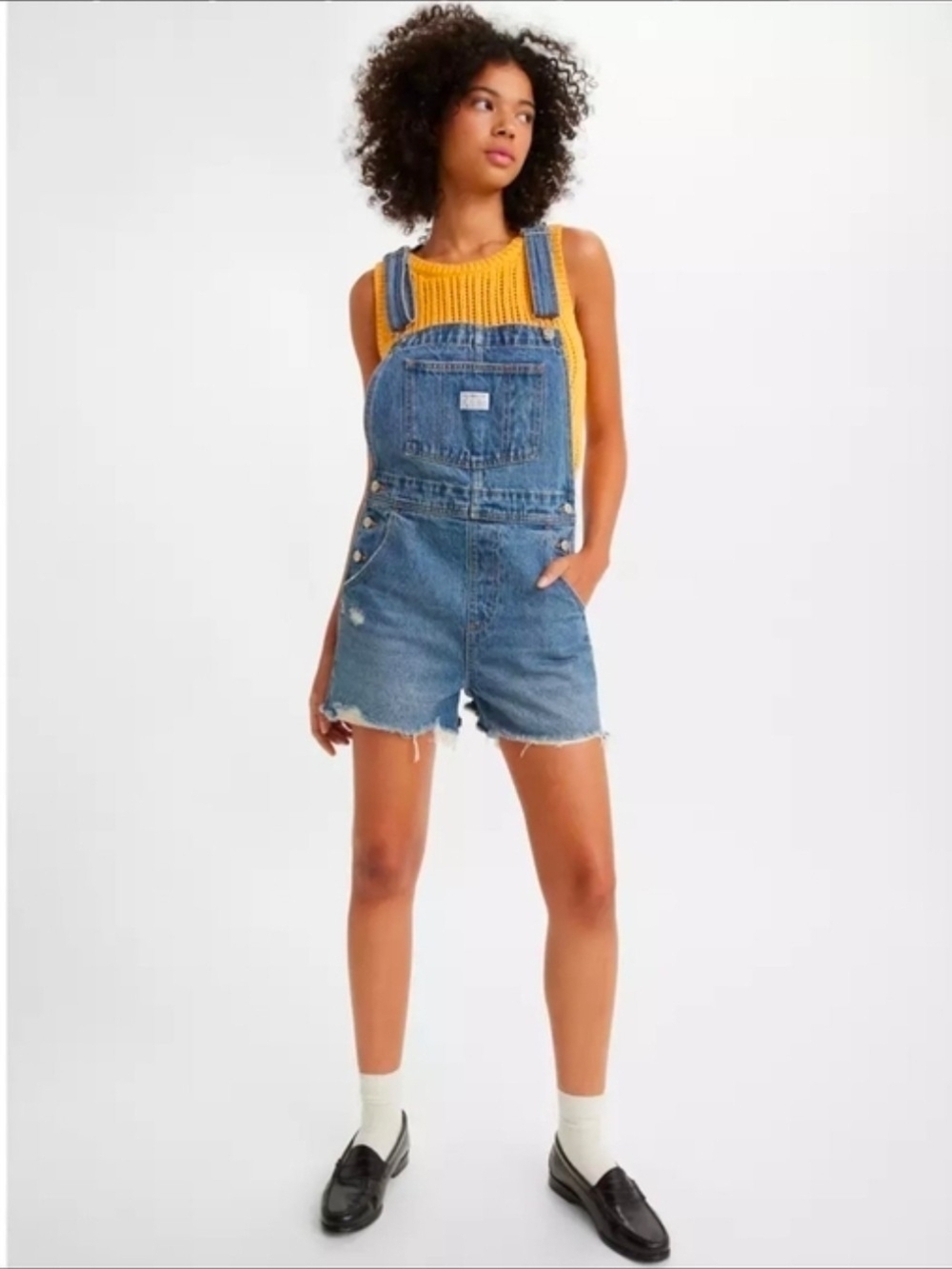 Levi's Blue Denim Short Overalls with Frayed Hem